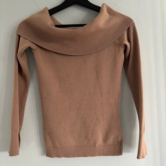 BCBG MAX AZRIA Off the Shoulder Sweater Fold Over Size Small Tan Brown - Picture 2 of 6